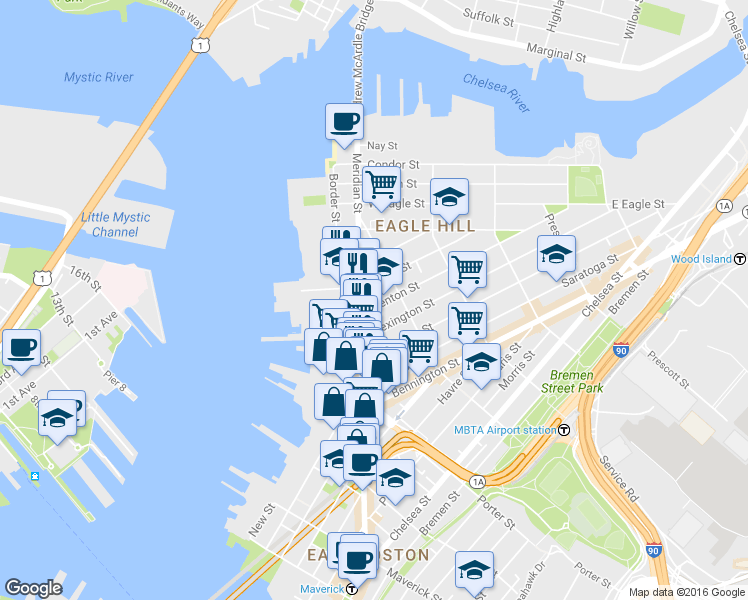 map of restaurants, bars, coffee shops, grocery stores, and more near 7 Trenton Street in Boston