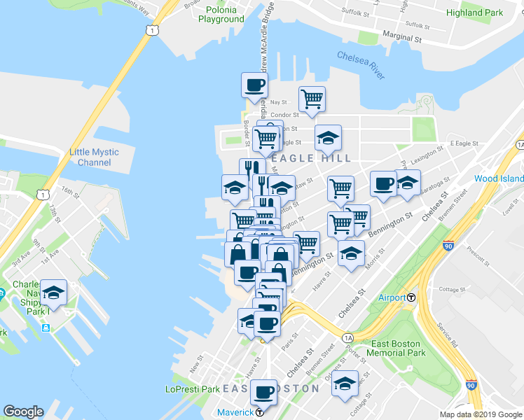 map of restaurants, bars, coffee shops, grocery stores, and more near 307 Border Street in Boston