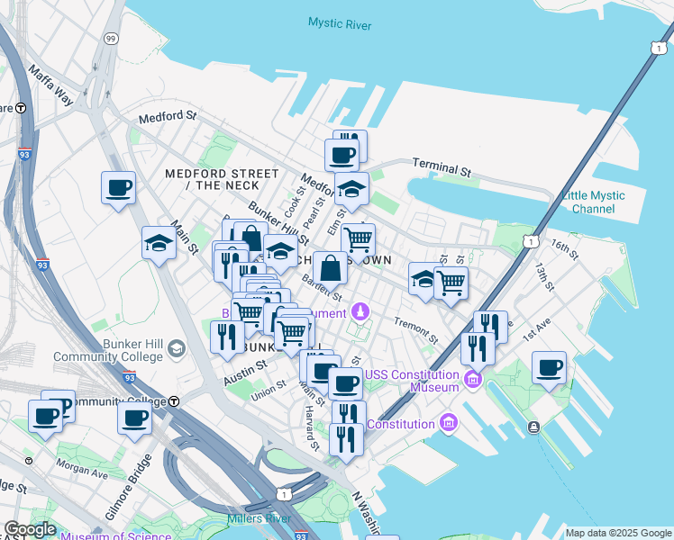 map of restaurants, bars, coffee shops, grocery stores, and more near 65 Green Street in Boston