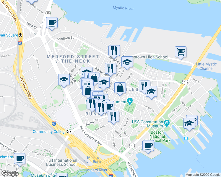 map of restaurants, bars, coffee shops, grocery stores, and more near 51 School Street in Boston
