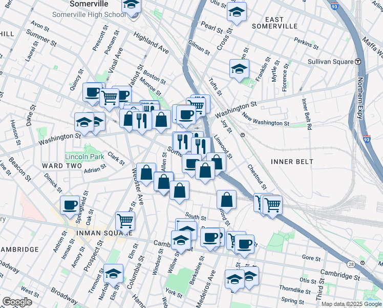 map of restaurants, bars, coffee shops, grocery stores, and more near 03 Rossmore Street in Somerville