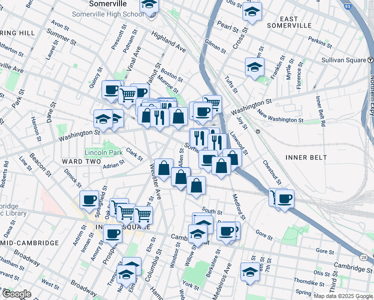map of restaurants, bars, coffee shops, grocery stores, and more near 12 Linden Street in Somerville
