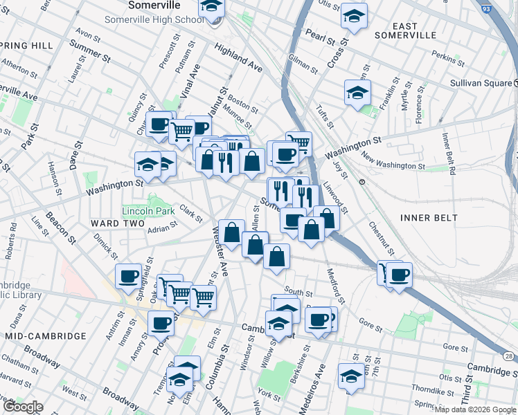 map of restaurants, bars, coffee shops, grocery stores, and more near 12 Linden Street in Somerville