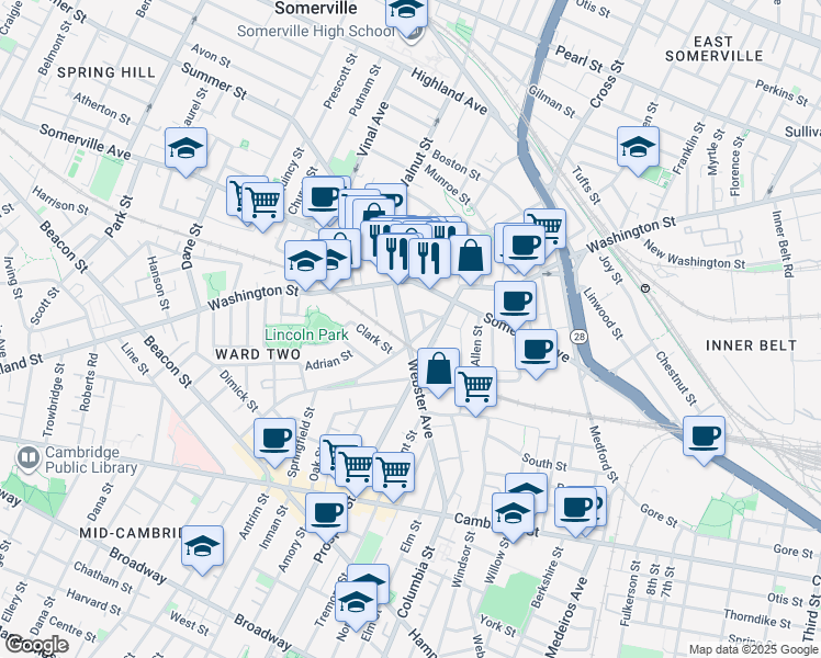 map of restaurants, bars, coffee shops, grocery stores, and more near in Somerville