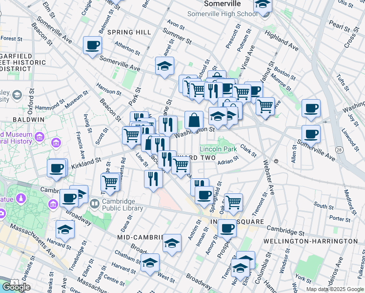 map of restaurants, bars, coffee shops, grocery stores, and more near 35 Rose Street in Somerville