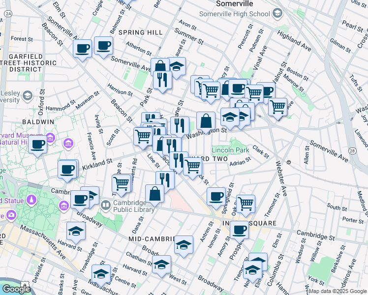 map of restaurants, bars, coffee shops, grocery stores, and more near 24 Beacon Place in Somerville