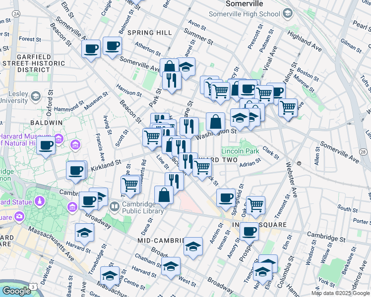 map of restaurants, bars, coffee shops, grocery stores, and more near 24 Beacon Place in Somerville