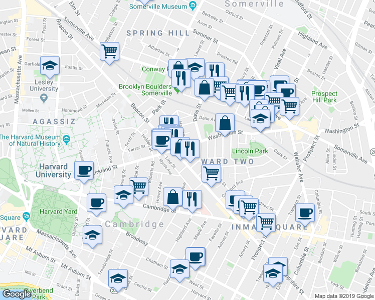 map of restaurants, bars, coffee shops, grocery stores, and more near 24 Beacon Place in Somerville