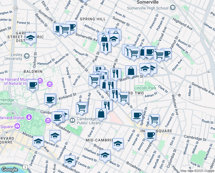 map of restaurants, bars, coffee shops, grocery stores, and more near in Somerville