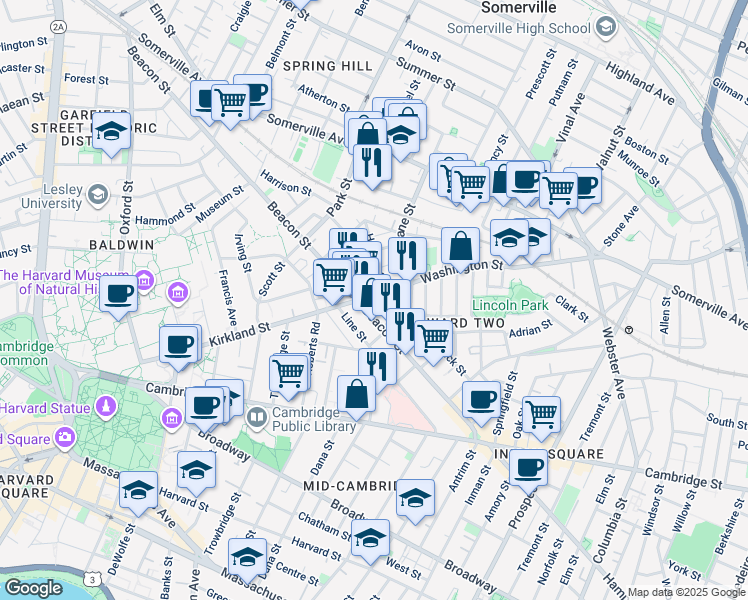 map of restaurants, bars, coffee shops, grocery stores, and more near in Somerville