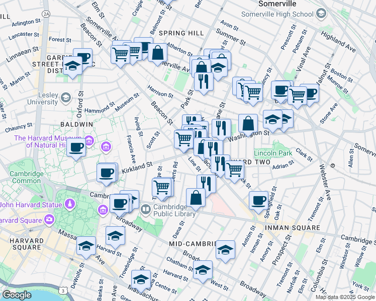 map of restaurants, bars, coffee shops, grocery stores, and more near 100 Kirkland Street in Cambridge