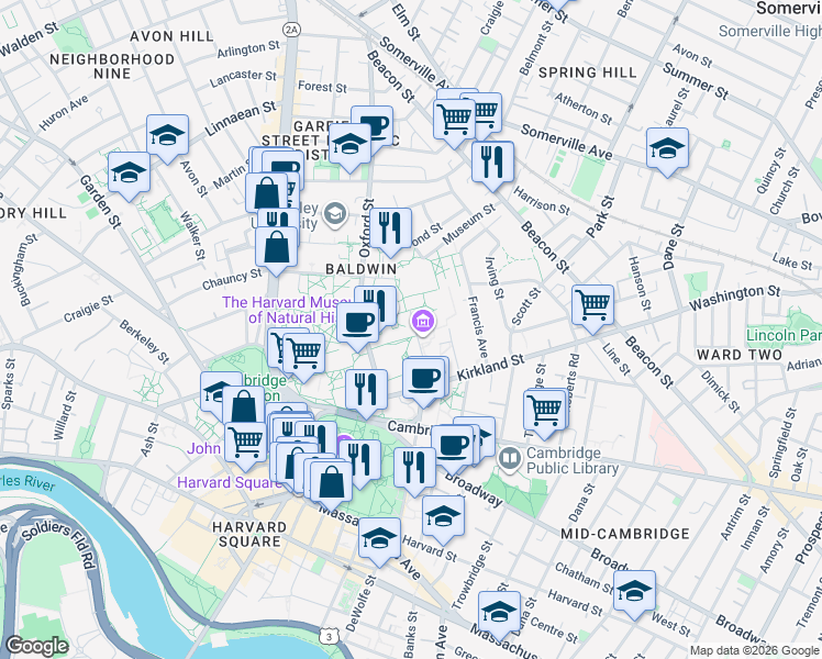map of restaurants, bars, coffee shops, grocery stores, and more near 24 Oxford Street in Cambridge