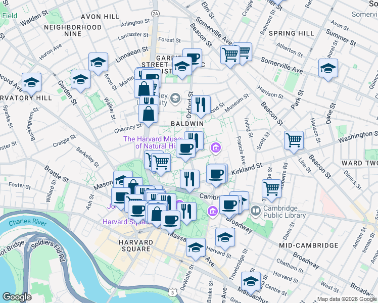 map of restaurants, bars, coffee shops, grocery stores, and more near 20 Oxford Street in Somerville