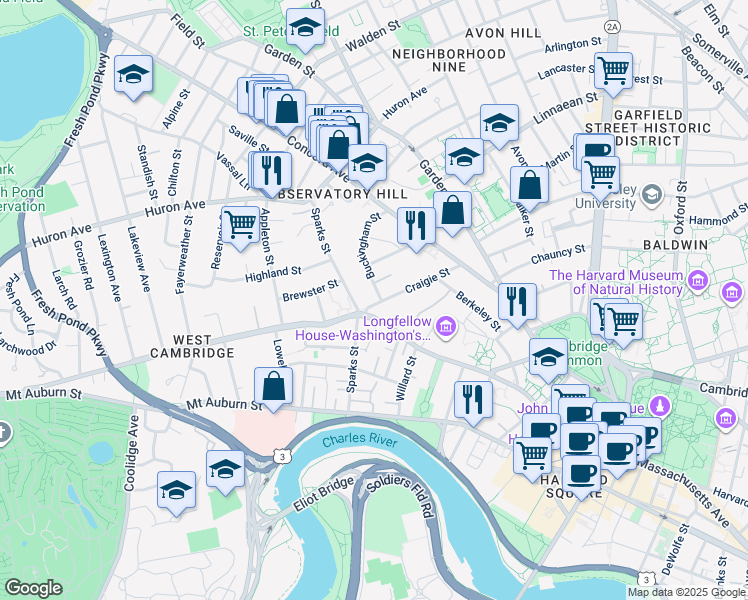 map of restaurants, bars, coffee shops, grocery stores, and more near 134 Brattle Street in Cambridge