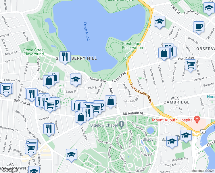 map of restaurants, bars, coffee shops, grocery stores, and more near in Cambridge