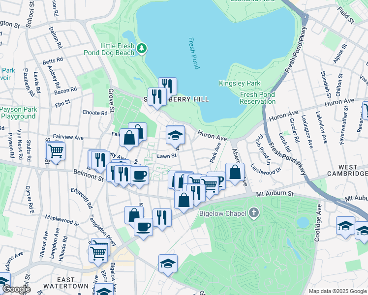 map of restaurants, bars, coffee shops, grocery stores, and more near 128 Holworthy Street in Cambridge