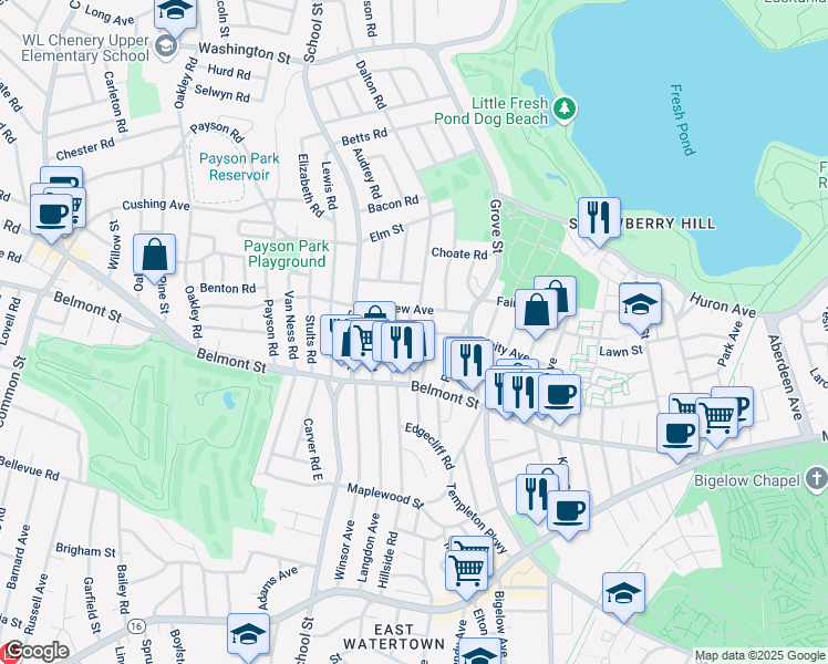 map of restaurants, bars, coffee shops, grocery stores, and more near 32 Springfield Street in Belmont