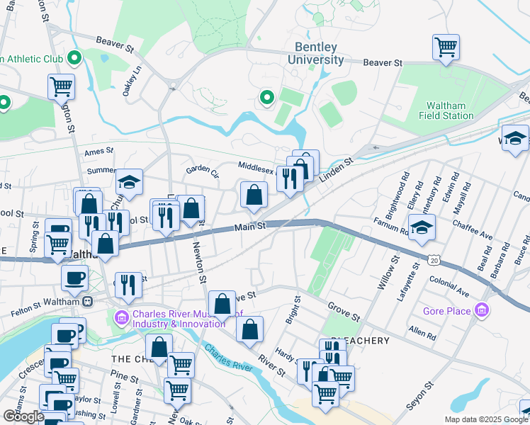 map of restaurants, bars, coffee shops, grocery stores, and more near 375 Main Street in Waltham
