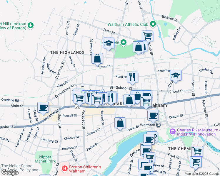 map of restaurants, bars, coffee shops, grocery stores, and more near 47b Bacon Street in Waltham