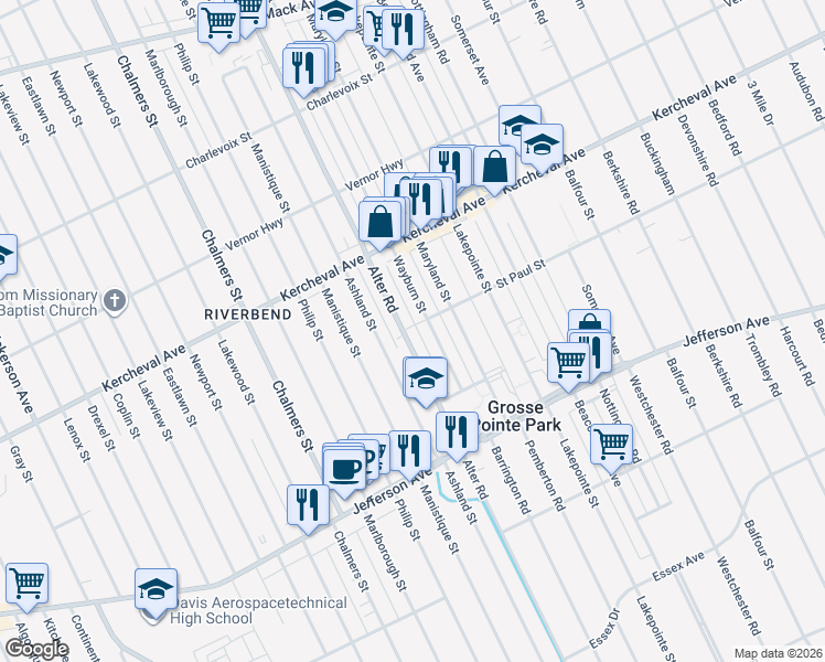map of restaurants, bars, coffee shops, grocery stores, and more near 1332 Alter Road in Detroit