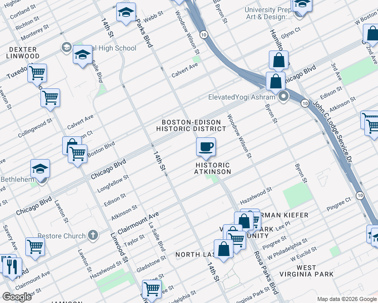 map of restaurants, bars, coffee shops, grocery stores, and more near 1934 Edison Street in Detroit