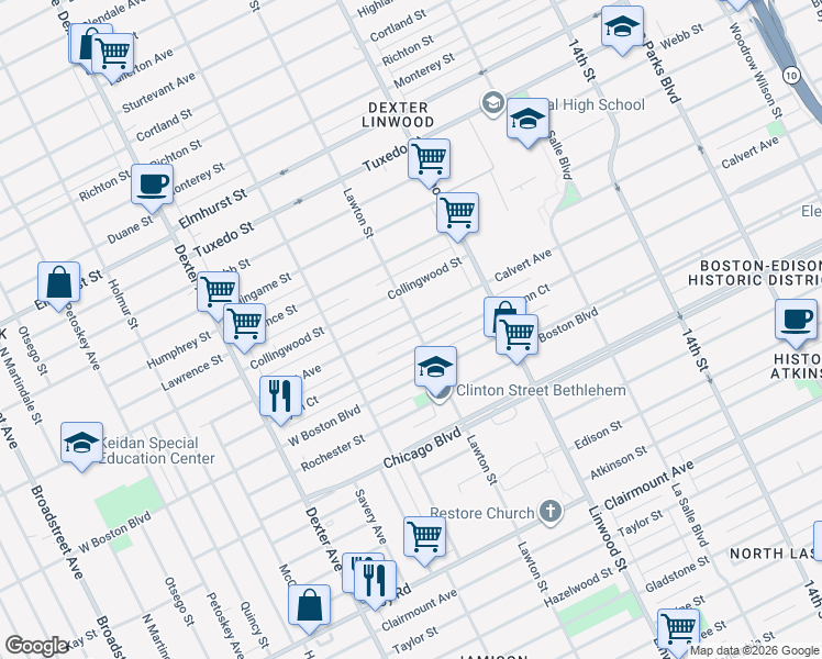 map of restaurants, bars, coffee shops, grocery stores, and more near 2750 Glynn Court in Detroit