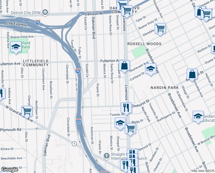 map of restaurants, bars, coffee shops, grocery stores, and more near 12130 Monica Street in Detroit
