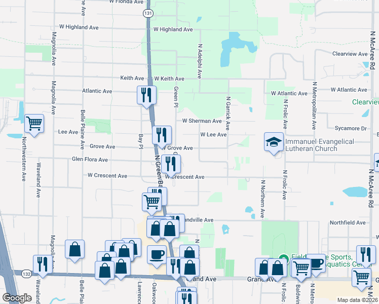map of restaurants, bars, coffee shops, grocery stores, and more near 3210 West Glen Flora Avenue in Waukegan