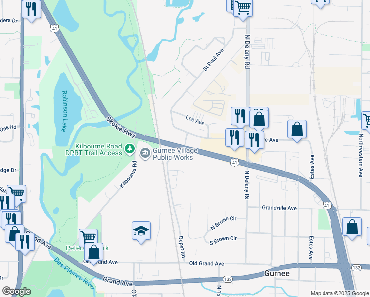 map of restaurants, bars, coffee shops, grocery stores, and more near 1281 Depot Road in Gurnee