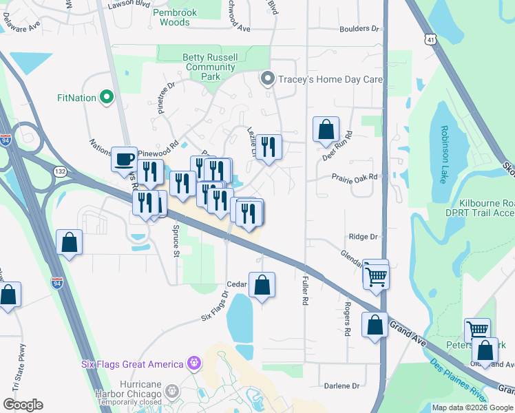 map of restaurants, bars, coffee shops, grocery stores, and more near 5217 Willow Court in Gurnee