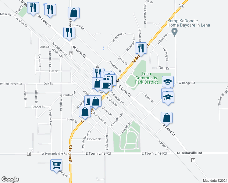 map of restaurants, bars, coffee shops, grocery stores, and more near in Lena
