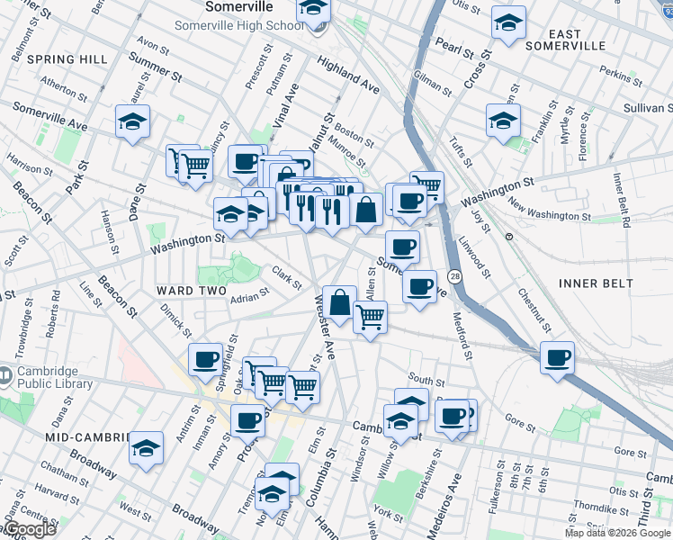 map of restaurants, bars, coffee shops, grocery stores, and more near in Somerville