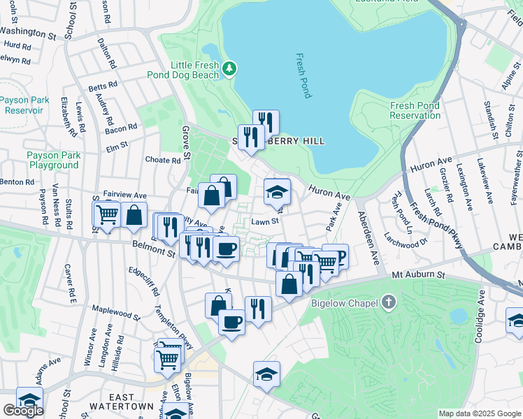 map of restaurants, bars, coffee shops, grocery stores, and more near 521 Lawn Street in Cambridge