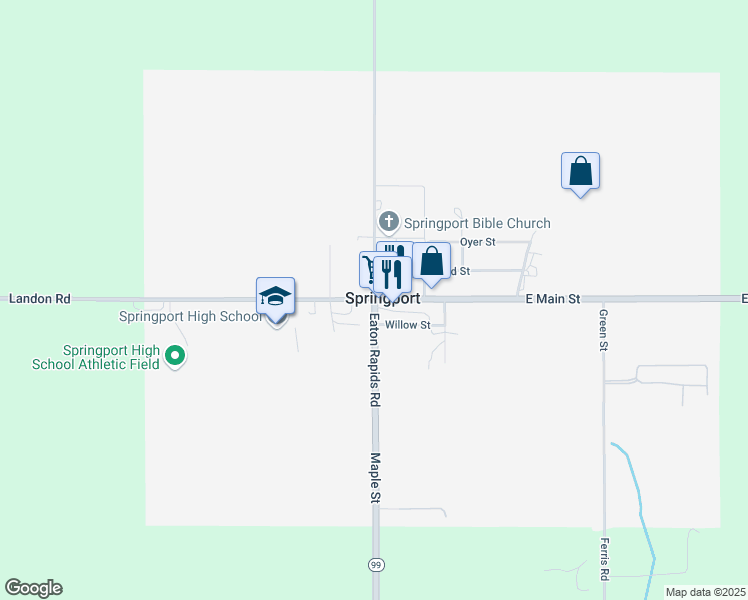 map of restaurants, bars, coffee shops, grocery stores, and more near 300 West Main Street in Springport