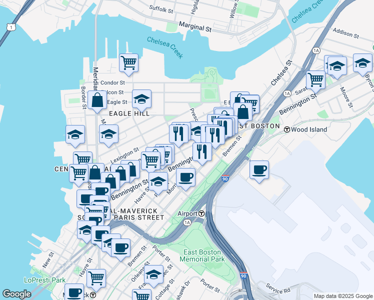 map of restaurants, bars, coffee shops, grocery stores, and more near 216 Bennington Street in Boston