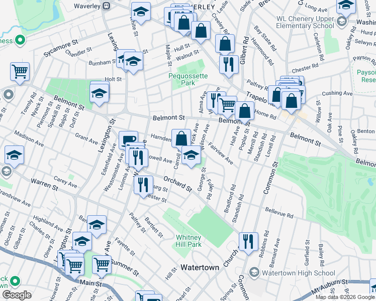 map of restaurants, bars, coffee shops, grocery stores, and more near 65 York Avenue in Watertown