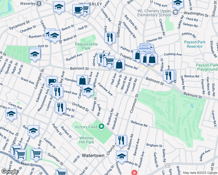 map of restaurants, bars, coffee shops, grocery stores, and more near 32 Fairview Avenue in Watertown