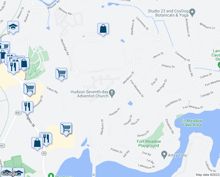 map of restaurants, bars, coffee shops, grocery stores, and more near 4F Rotherham Way in Hudson