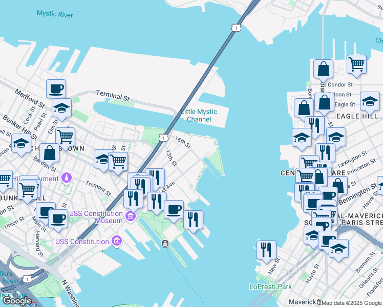 map of restaurants, bars, coffee shops, grocery stores, and more near 75 3rd Avenue in Boston