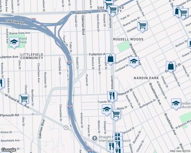 map of restaurants, bars, coffee shops, grocery stores, and more near 12130 Monica Street in Detroit