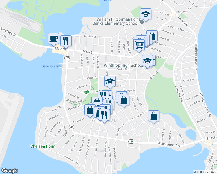 map of restaurants, bars, coffee shops, grocery stores, and more near 2 Belcher Street in Winthrop