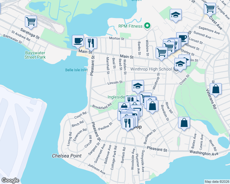 map of restaurants, bars, coffee shops, grocery stores, and more near 86 Ingleside Avenue in Winthrop