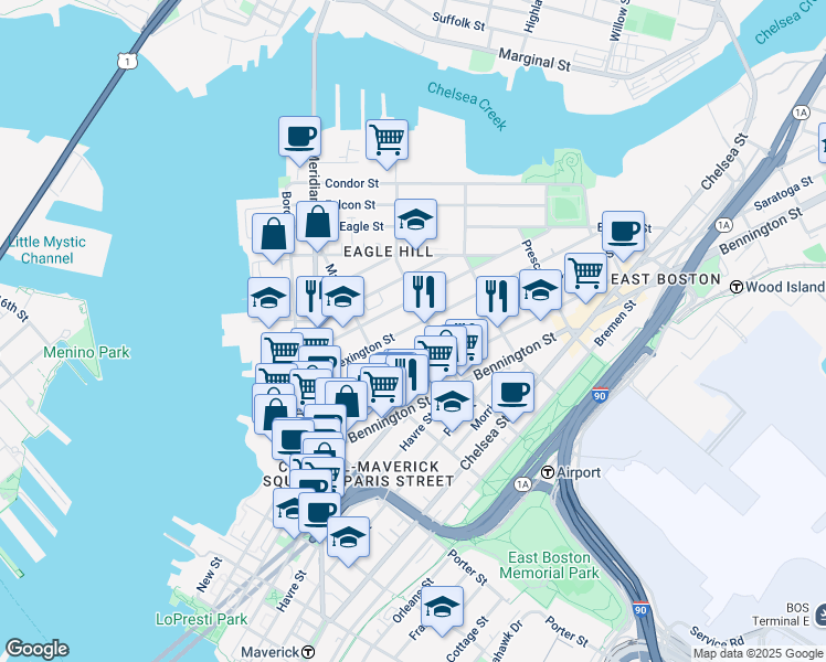 map of restaurants, bars, coffee shops, grocery stores, and more near 119 Lexington Street in Boston