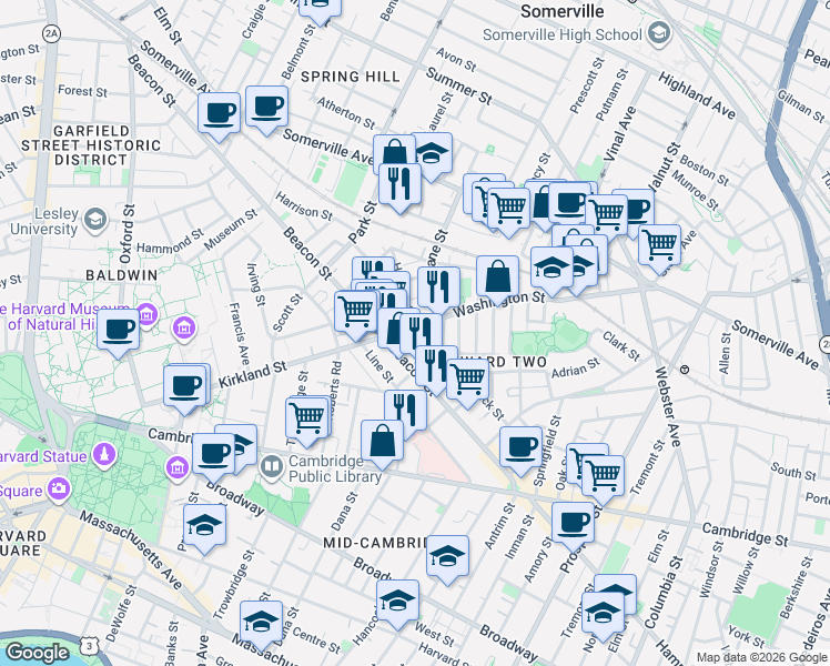 map of restaurants, bars, coffee shops, grocery stores, and more near 24 Beacon Place in Somerville