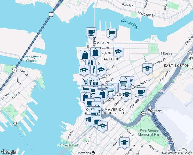 map of restaurants, bars, coffee shops, grocery stores, and more near 7 Trenton Street in Boston