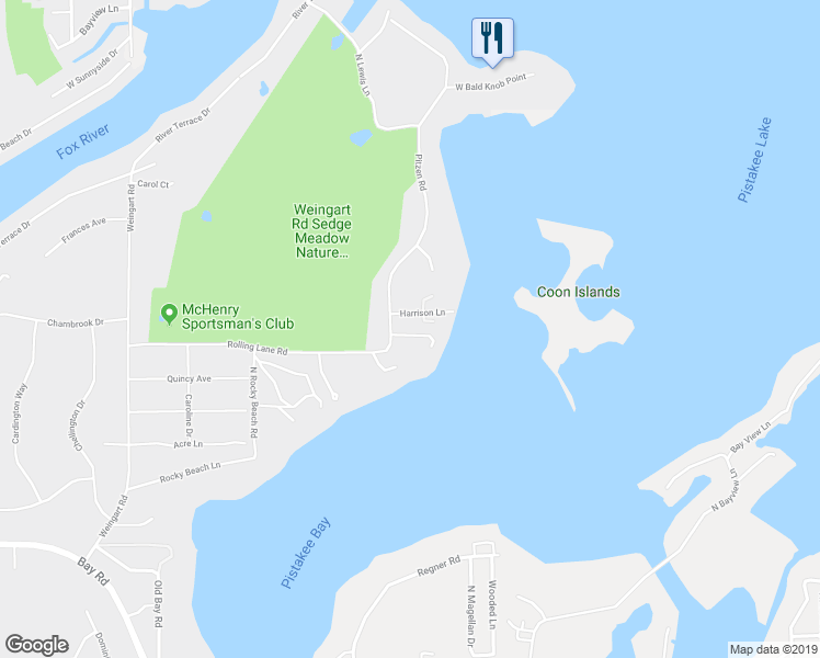 map of restaurants, bars, coffee shops, grocery stores, and more near 804 Oak Grove Road in Johnsburg