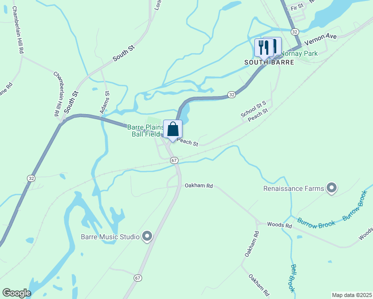 map of restaurants, bars, coffee shops, grocery stores, and more near 30 Peach Street in Barre