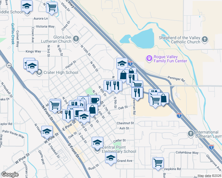 map of restaurants, bars, coffee shops, grocery stores, and more near 919 East Pine Street in Central Point