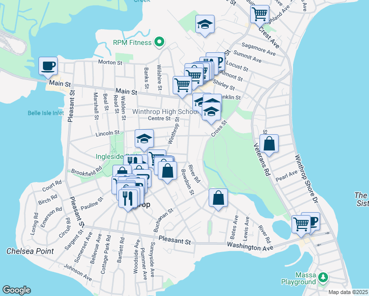 map of restaurants, bars, coffee shops, grocery stores, and more near 112 Bowdoin Street in Winthrop