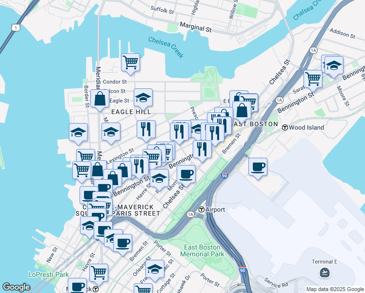 map of restaurants, bars, coffee shops, grocery stores, and more near 245 Saratoga Street in Boston